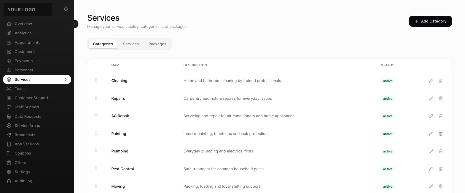 Illustrative admin dashboard services page listing catalog categories with descriptions and status