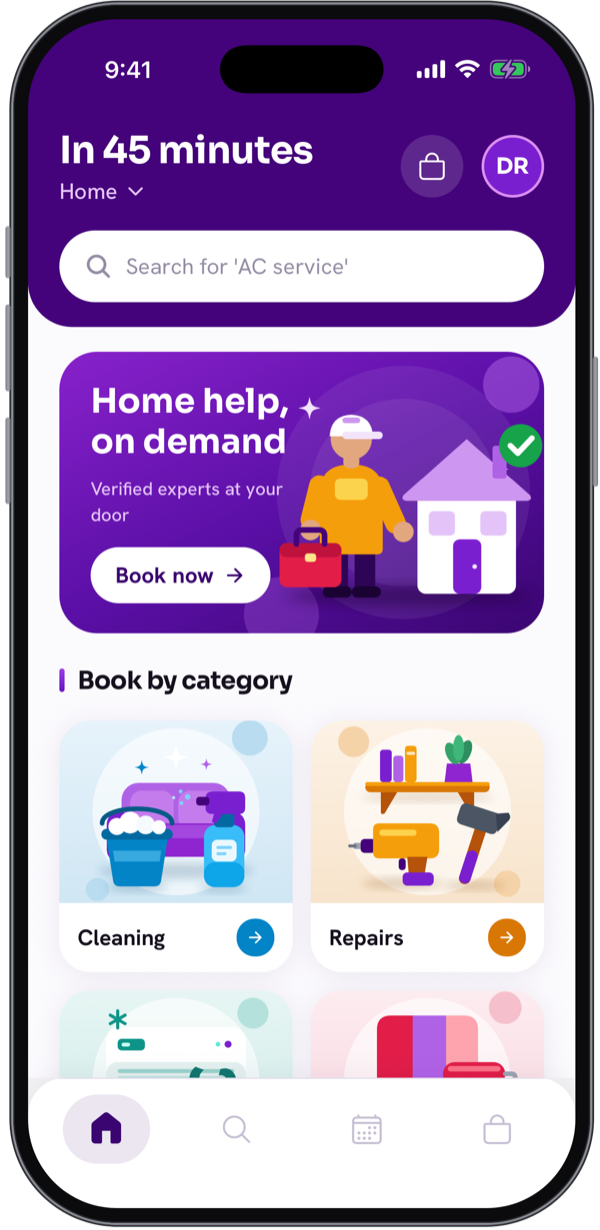 Illustrative customer app home screen with a services hero and category cards
