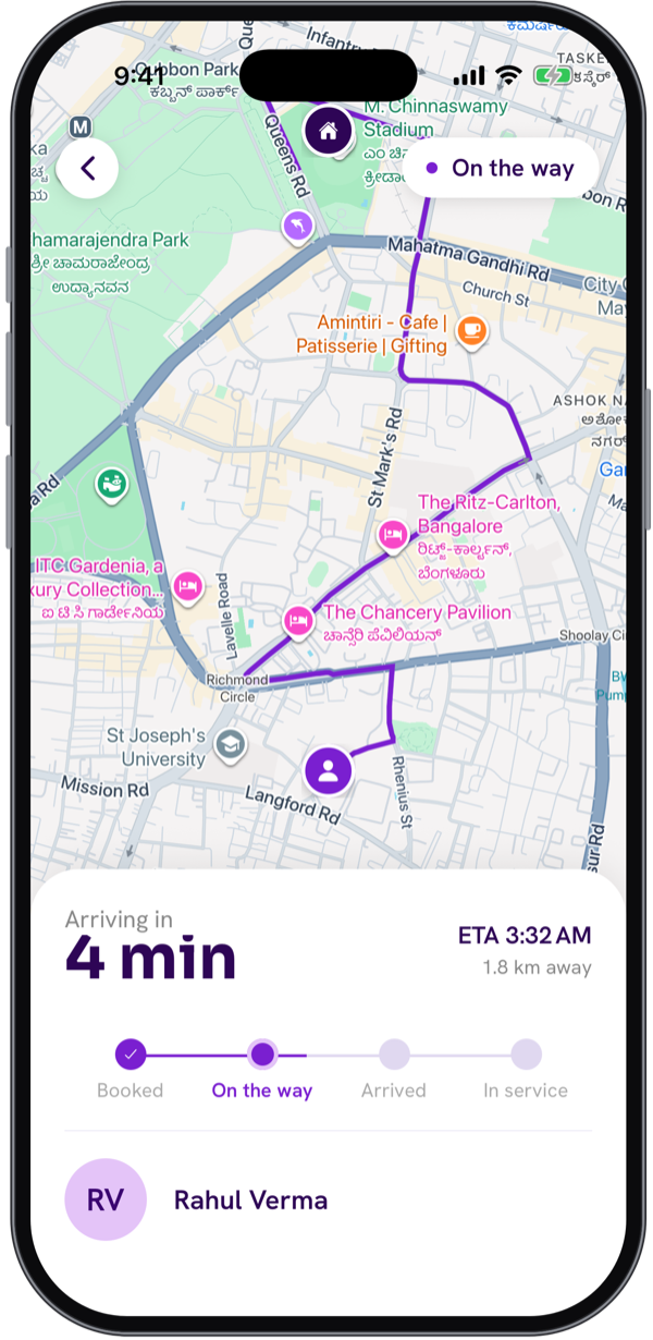 Illustrative customer app live tracking screen with a route map and estimated arrival
