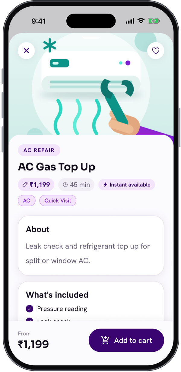 Illustrative service detail screen showing an illustrated header, price, duration and what is included