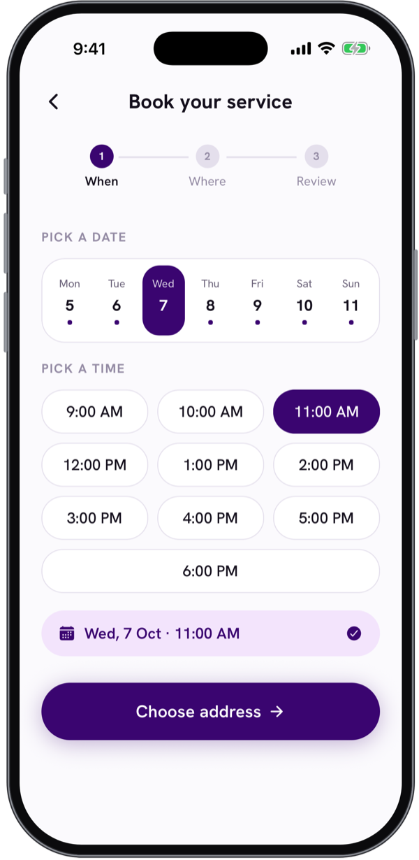Illustrative customer app screen for choosing a booking date and time slot